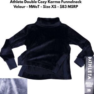Athleta Double Cozy Karma Mock Funnel Neck Sweatshirt Black Velour  Size XS NWOT